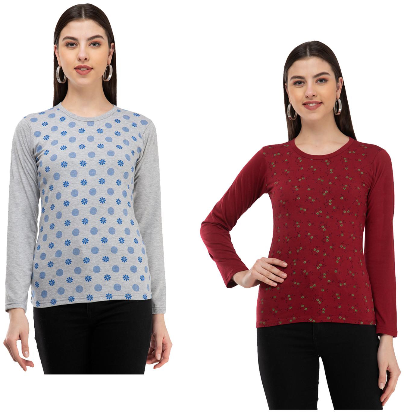 

Indiweaves Women Grey Maroon Regular fit Round neck Cotton T shirt