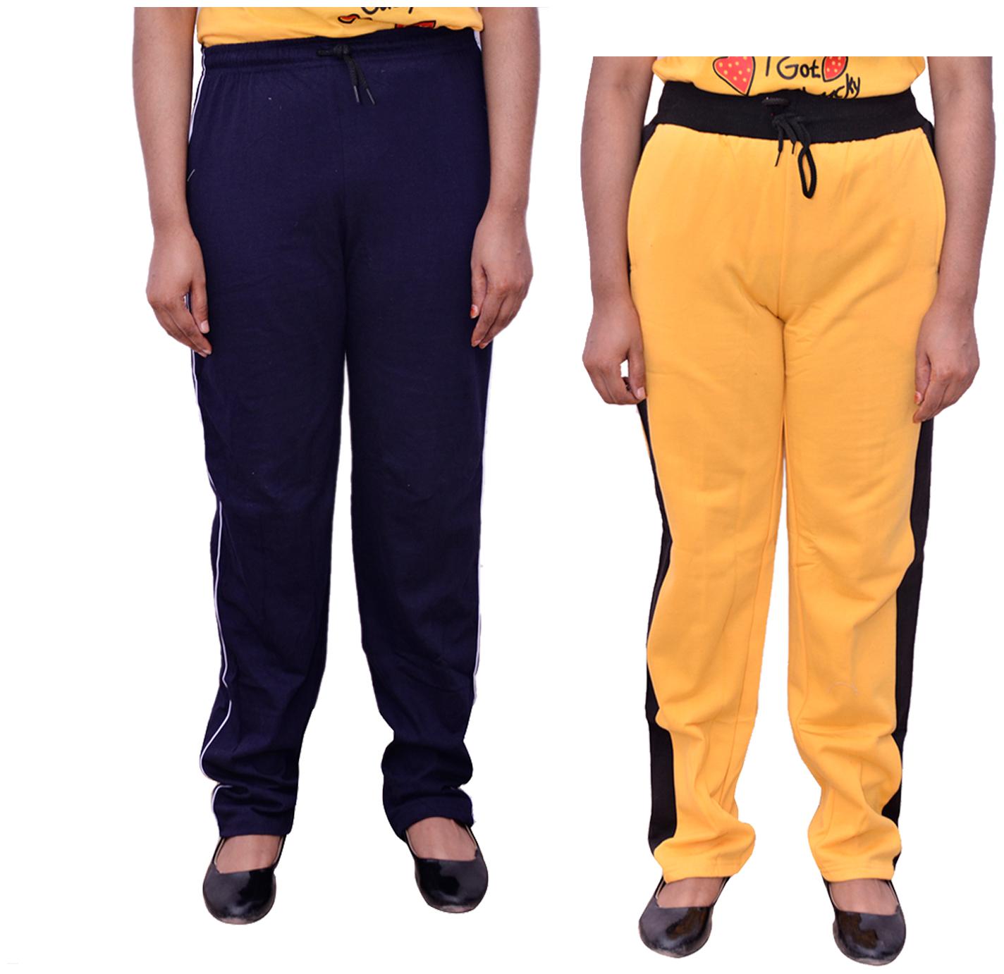

Indiweaves Women Regular fit Cotton Solid Track pants - Blue Yellow