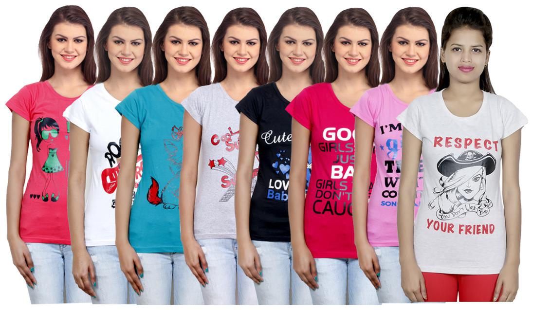

IndiWeaves Women s Cotton Printed T-Shirts COMBO OFFER ( Pack of 8 T-Shirts)