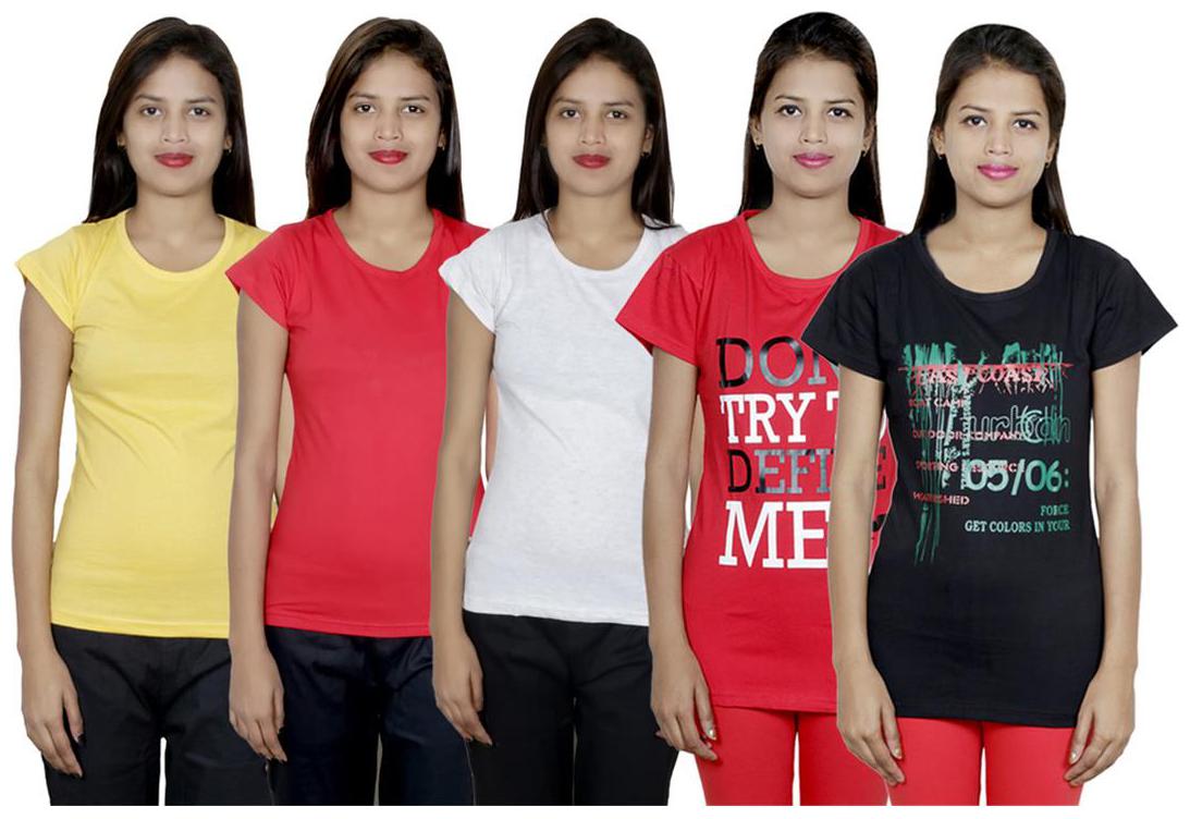 

IndiWeaves Women s Cotton Printed and Plain T-Shirt Combo(Pack of 5 T-Shirts)