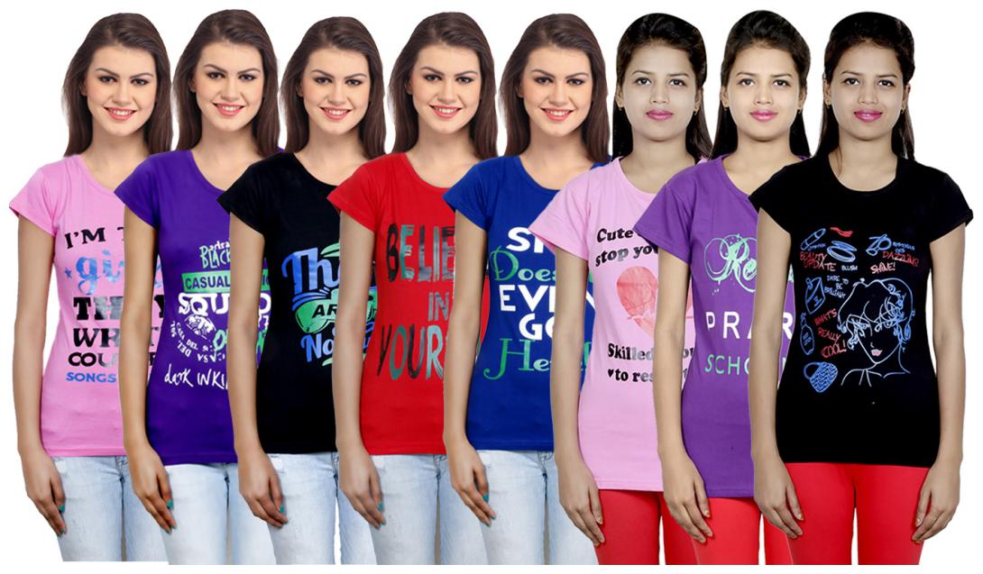 

IndiWeaves Women s Cotton Printed T-Shirts COMBO OFFER ( Pack of 8 T-Shirts)