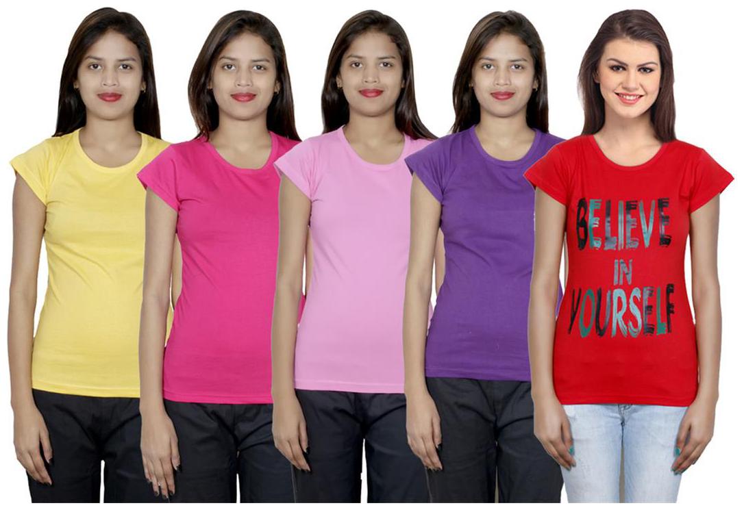 

IndiWeaves Women s Cotton Printed and Plain T-Shirt Combo(Pack of 5 T-Shirts)
