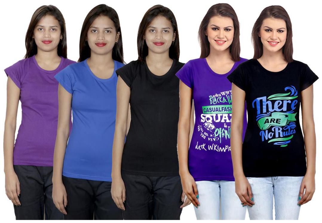 

IndiWeaves Women s Cotton Printed and Plain T-Shirt Combo(Pack of 5 T-Shirts)
