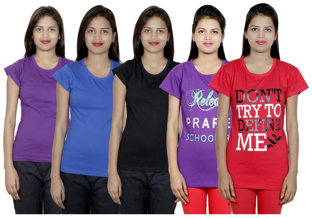 

IndiWeaves Women s Cotton Printed and Plain T-Shirt Combo(Pack of 5 T-Shirts)