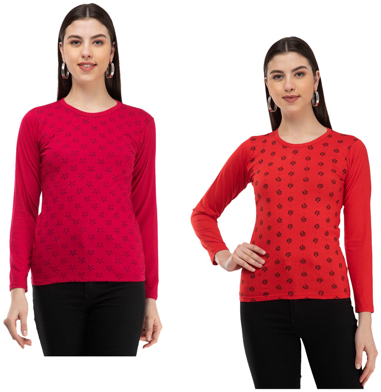 

Indiweaves Women Pink Red Regular fit Round neck Cotton T shirt