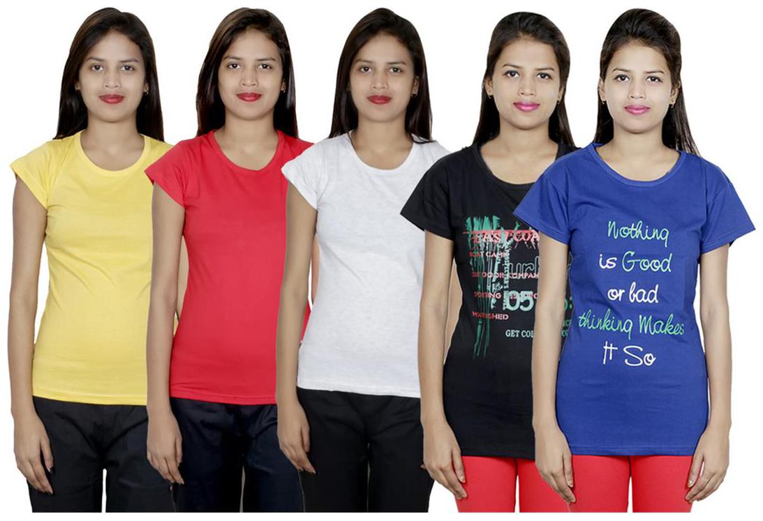 

IndiWeaves Women s Cotton Printed and Plain T-Shirt Combo(Pack of 5 T-Shirts)