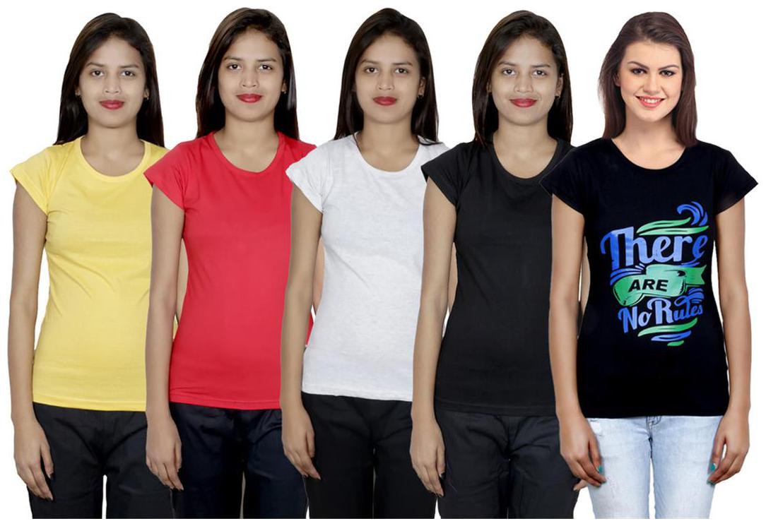 

IndiWeaves Women s Cotton Printed and Plain T-Shirt Combo(Pack of 5 T-Shirts)
