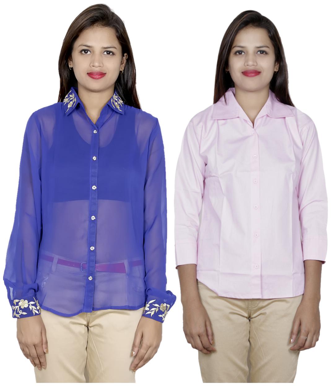 

Indiweaves Women Blue Embroidered Regular Fit Shirt