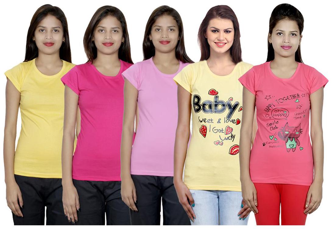 

IndiWeaves Women s Cotton Printed and Plain T-Shirt Combo(Pack of 5 T-Shirts)