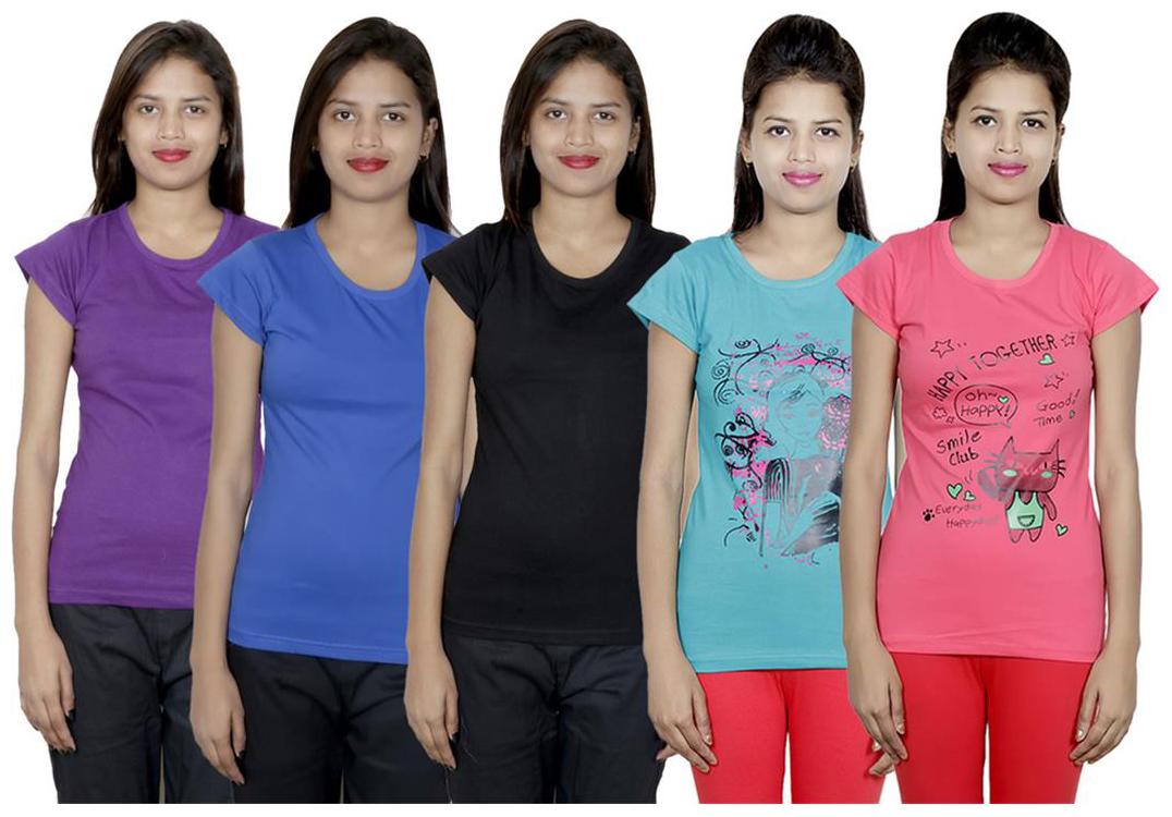 

IndiWeaves Women s Cotton Printed and Plain T-Shirt Combo(Pack of 5 T-Shirts)