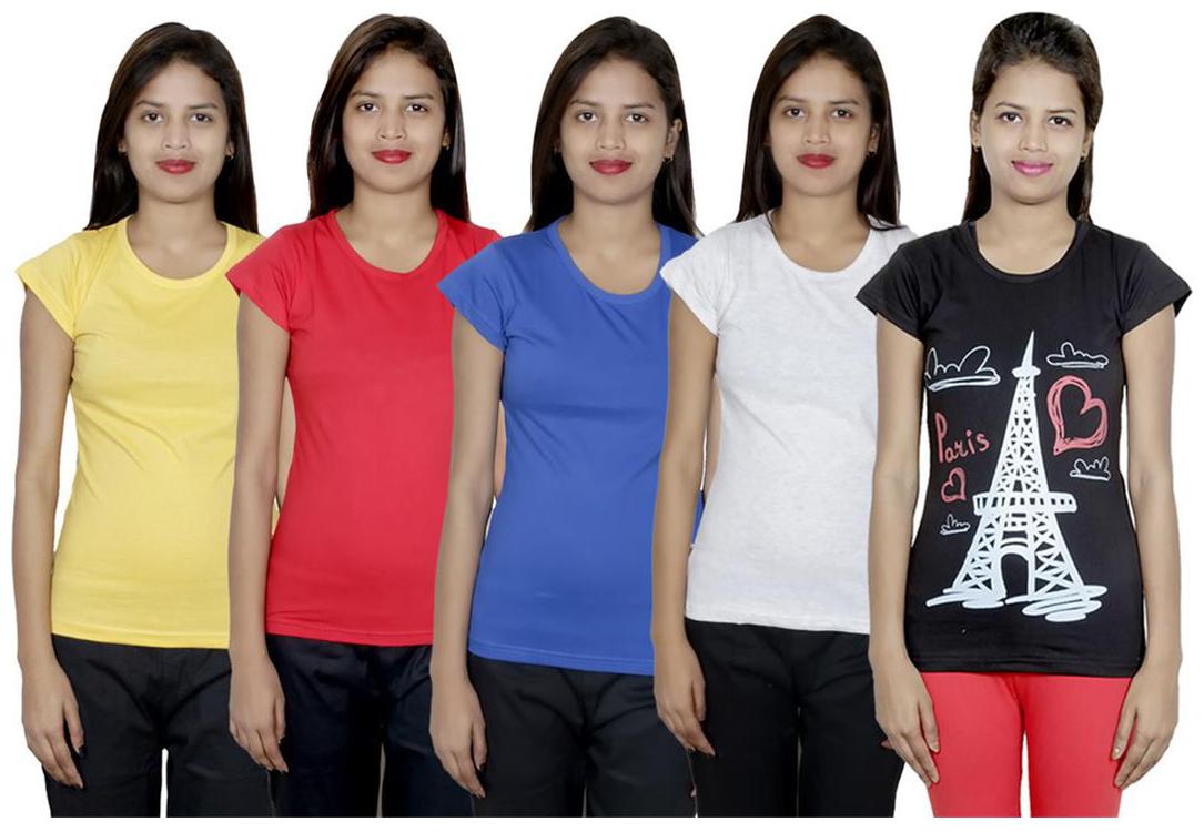 

IndiWeaves Women s Cotton Printed and Plain T-Shirt Combo(Pack of 5 T-Shirts)