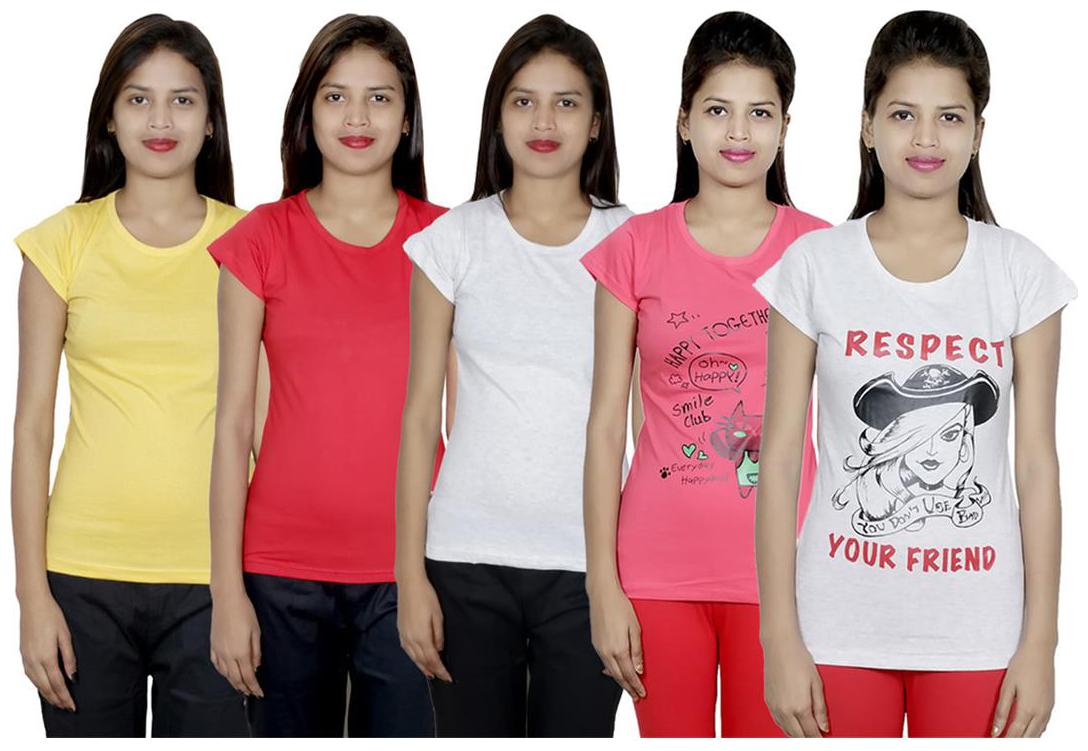 

IndiWeaves Women s Cotton Printed and Plain T-Shirt Combo(Pack of 5 T-Shirts)