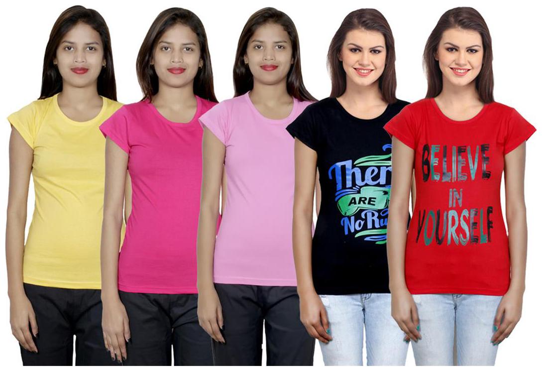 

IndiWeaves Women s Cotton Printed and Plain T-Shirt Combo(Pack of 5 T-Shirts)