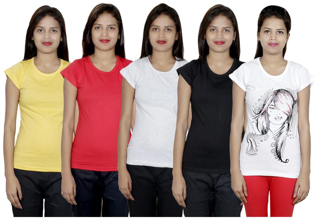 

IndiWeaves Women s Cotton Printed and Plain T-Shirt Combo(Pack of 5 T-Shirts)