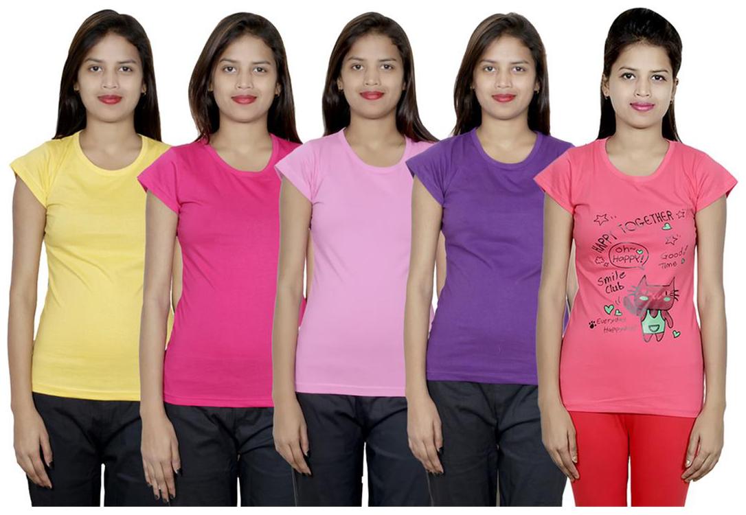 

IndiWeaves Women s Cotton Printed and Plain T-Shirt Combo(Pack of 5 T-Shirts)