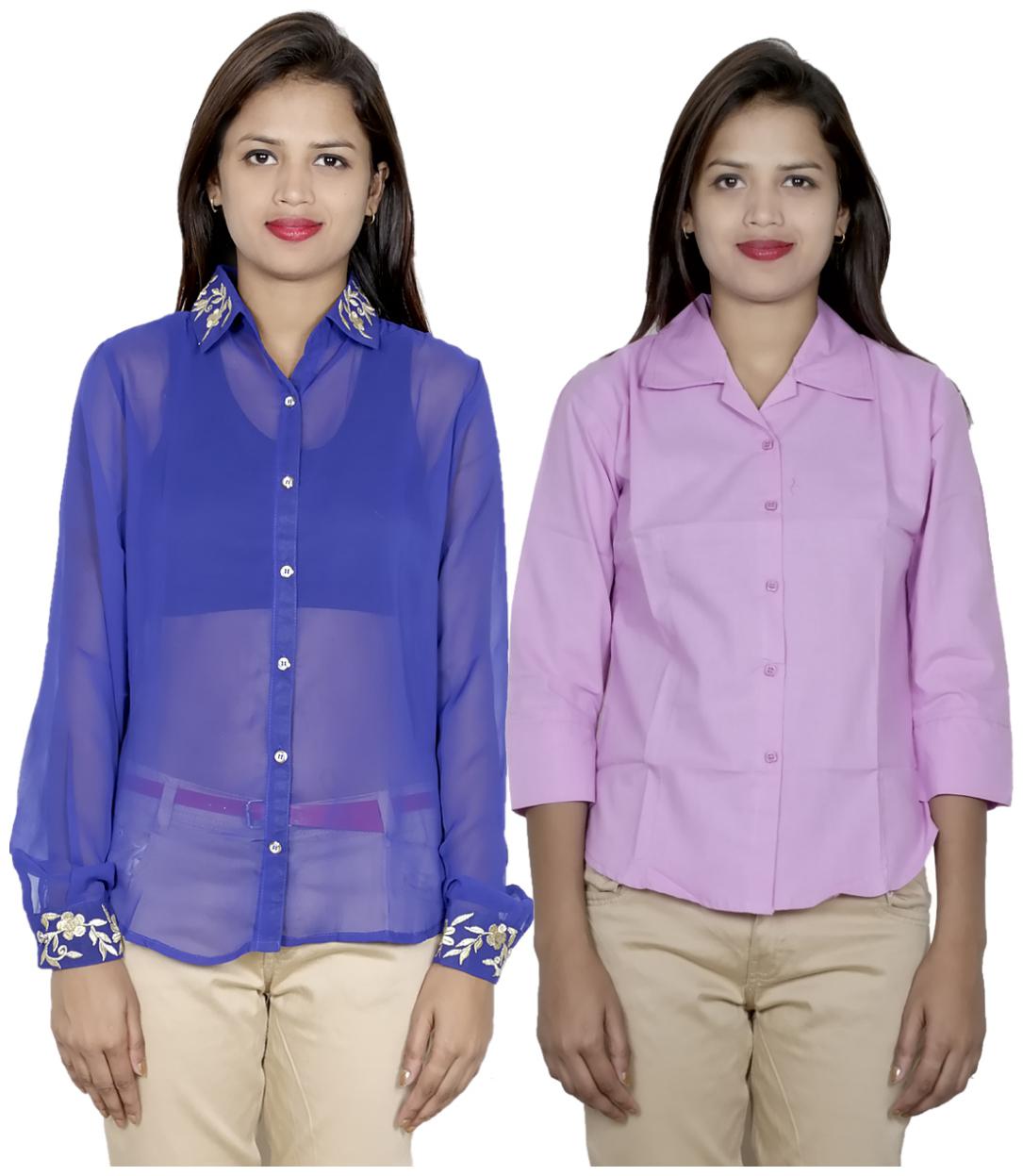 

Indiweaves Women Blue Embroidered Regular Fit Shirt