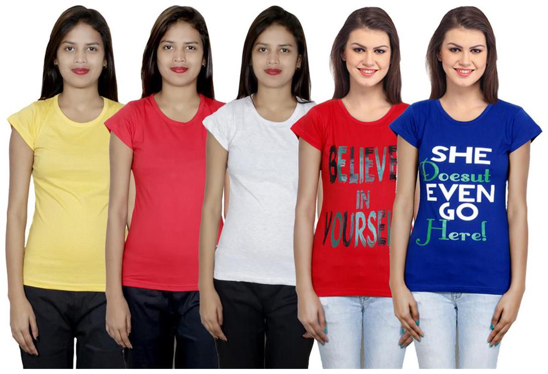 

IndiWeaves Women s Cotton Printed and Plain T-Shirt Combo(Pack of 5 T-Shirts)