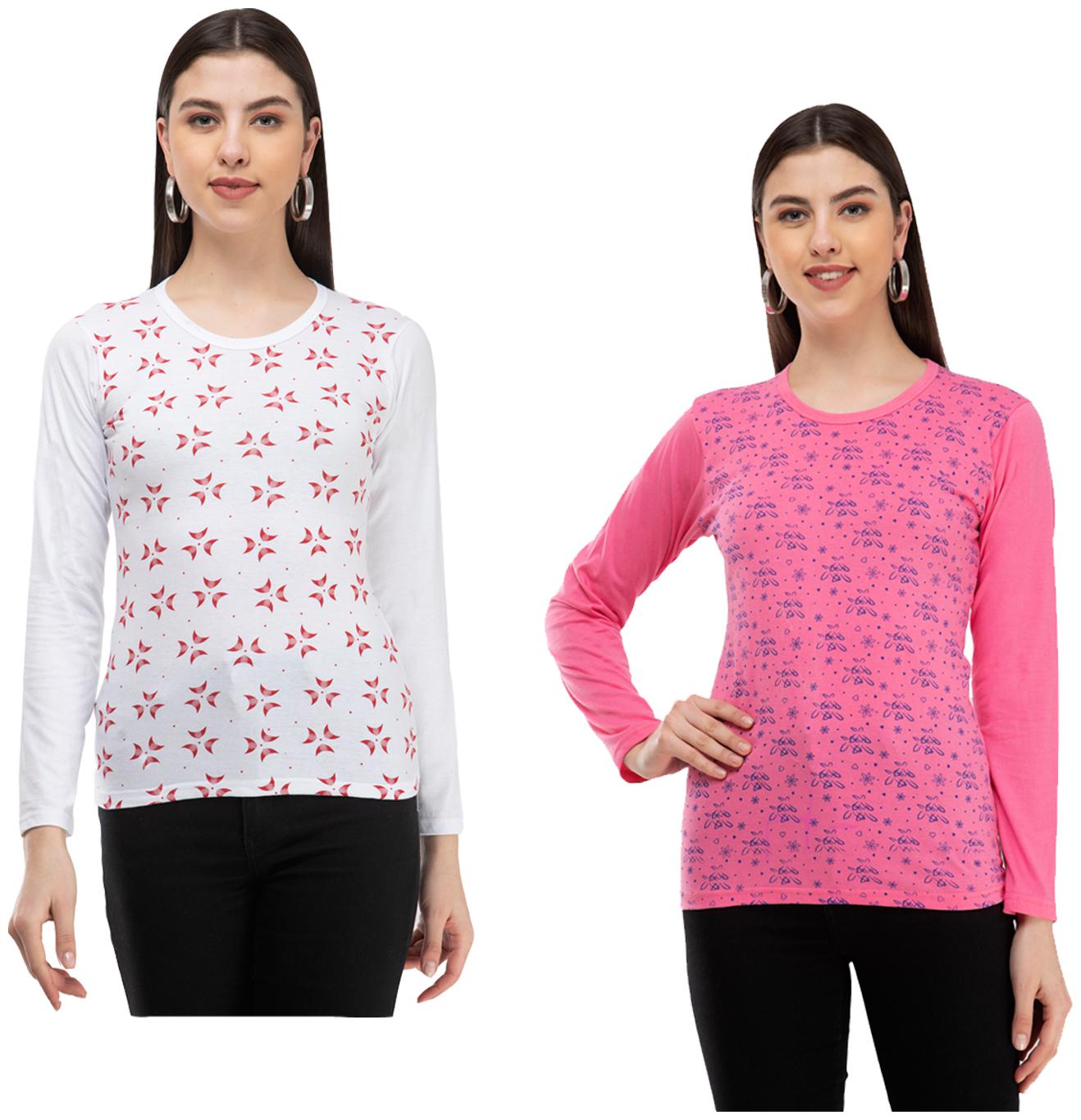 

Indiweaves Women White Pink Regular fit Round neck Cotton T shirt