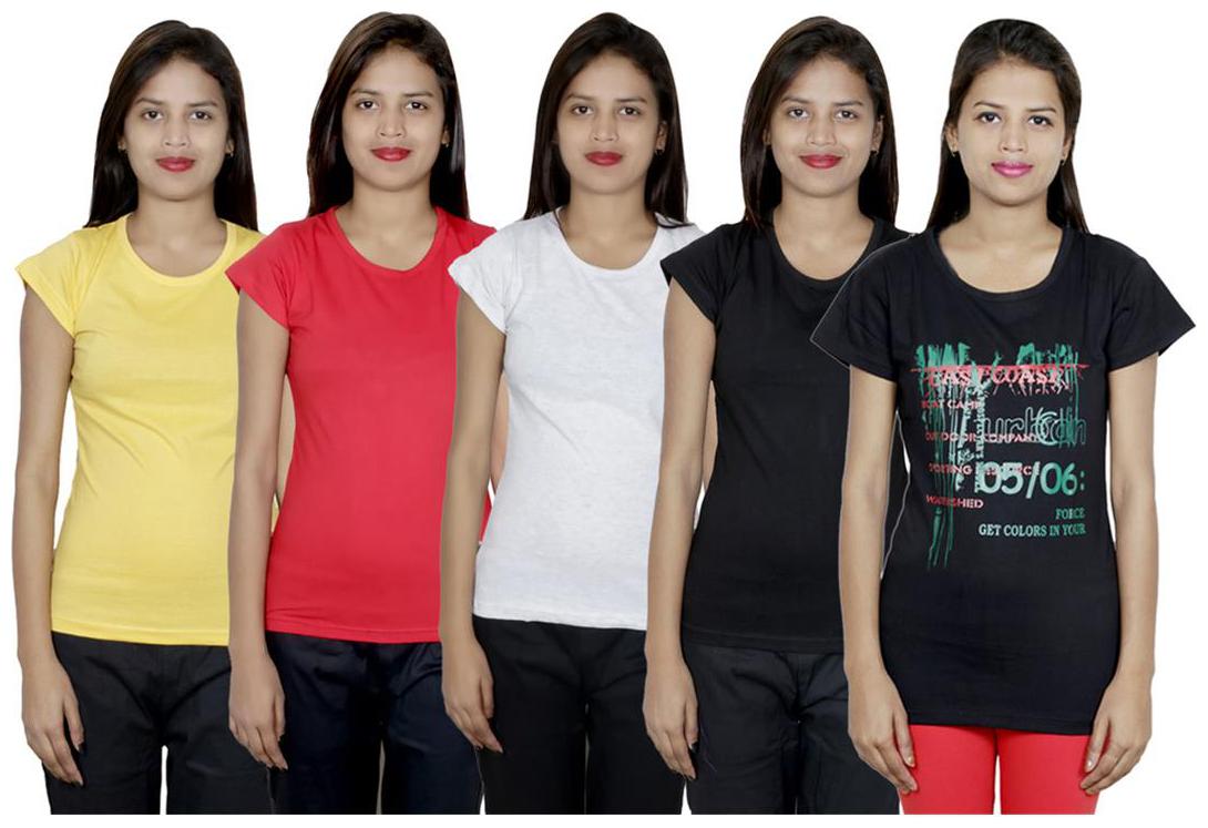

IndiWeaves Women s Cotton Printed and Plain T-Shirt Combo(Pack of 5 T-Shirts)