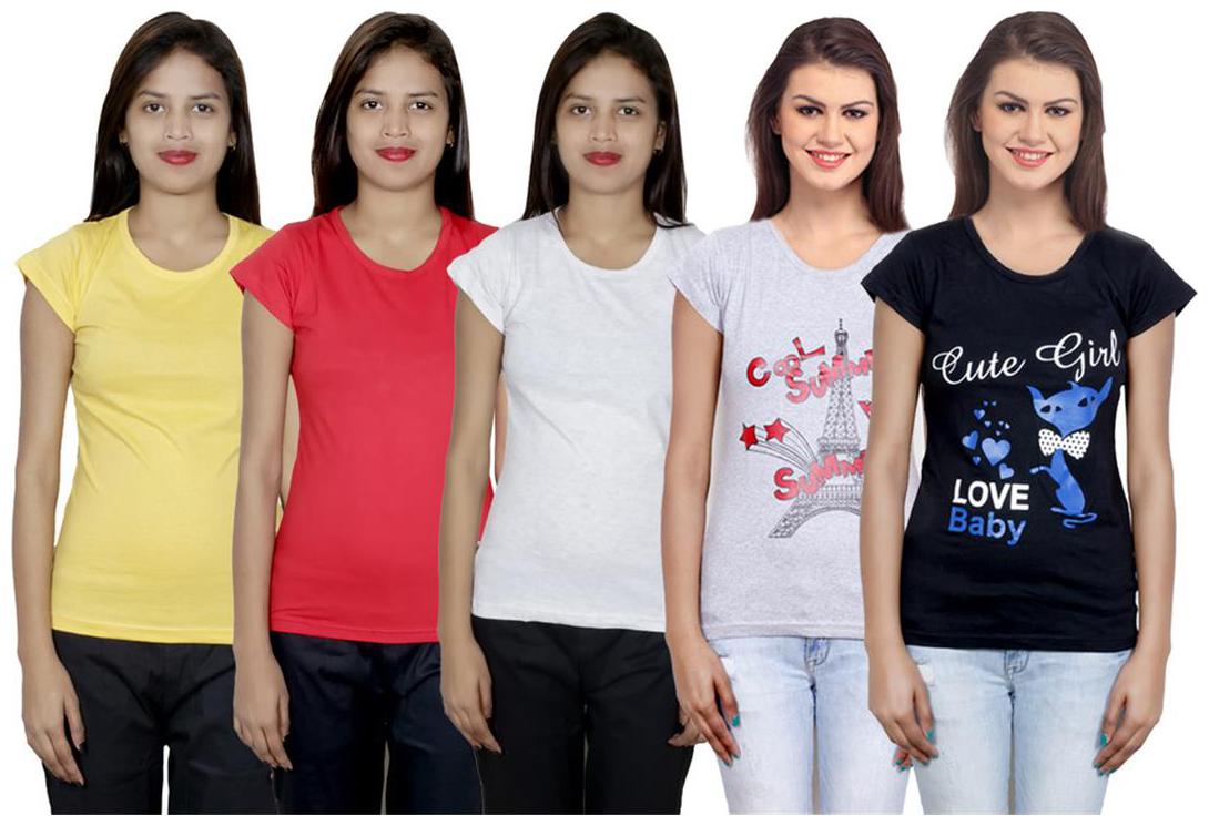

IndiWeaves Women s Cotton Printed and Plain T-Shirt Combo(Pack of 5 T-Shirts)