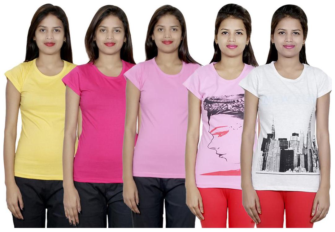 

IndiWeaves Women s Cotton Printed and Plain T-Shirt Combo(Pack of 5 T-Shirts)