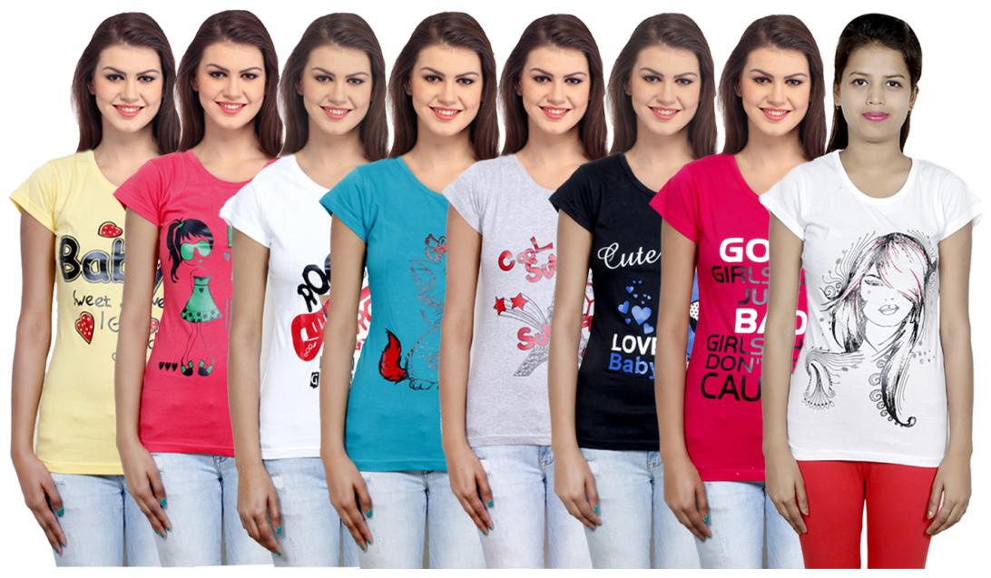 

IndiWeaves Women s Cotton Printed T-Shirts COMBO OFFER ( Pack of 8 T-Shirts)