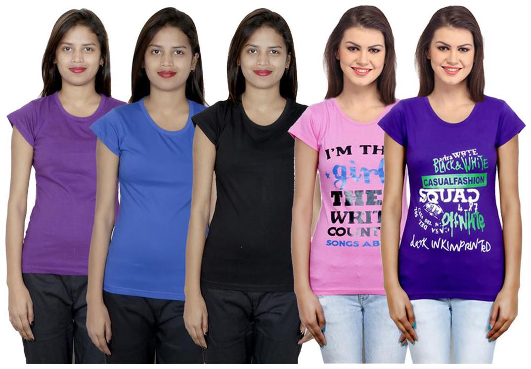 

IndiWeaves Women s Cotton Printed and Plain T-Shirt Combo(Pack of 5 T-Shirts)