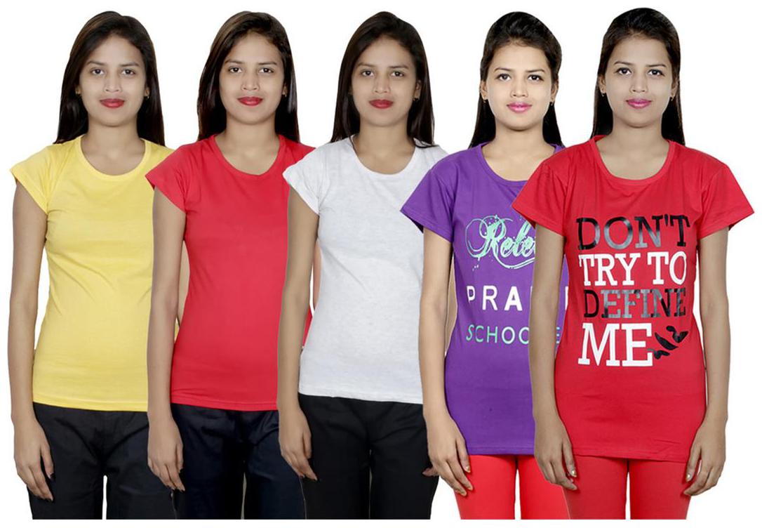 

IndiWeaves Women s Cotton Printed and Plain T-Shirt Combo(Pack of 5 T-Shirts)