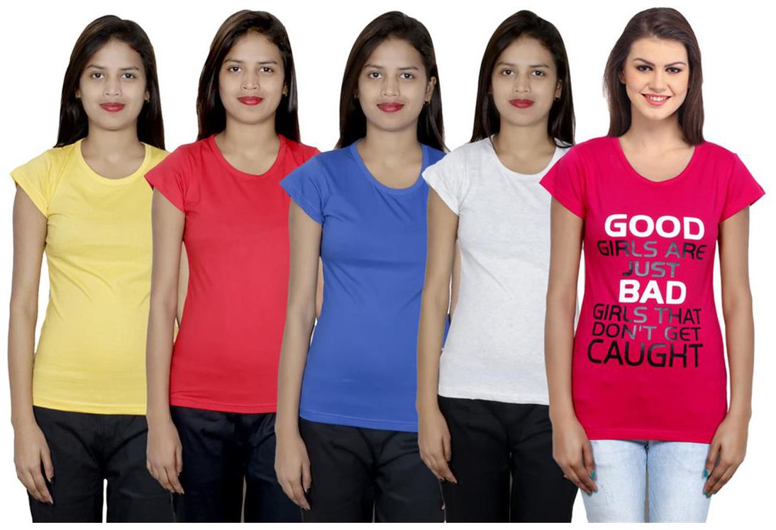 

IndiWeaves Women s Cotton Printed and Plain T-Shirt Combo(Pack of 5 T-Shirts)