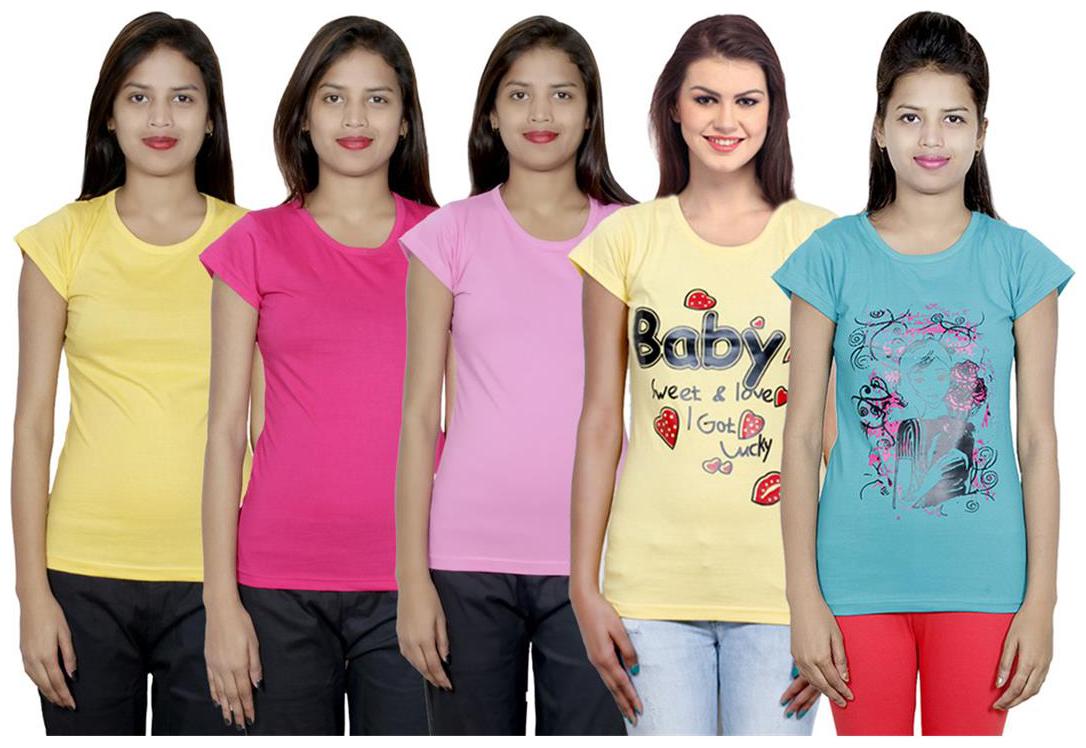 

IndiWeaves Women s Cotton Printed and Plain T-Shirt Combo(Pack of 5 T-Shirts)