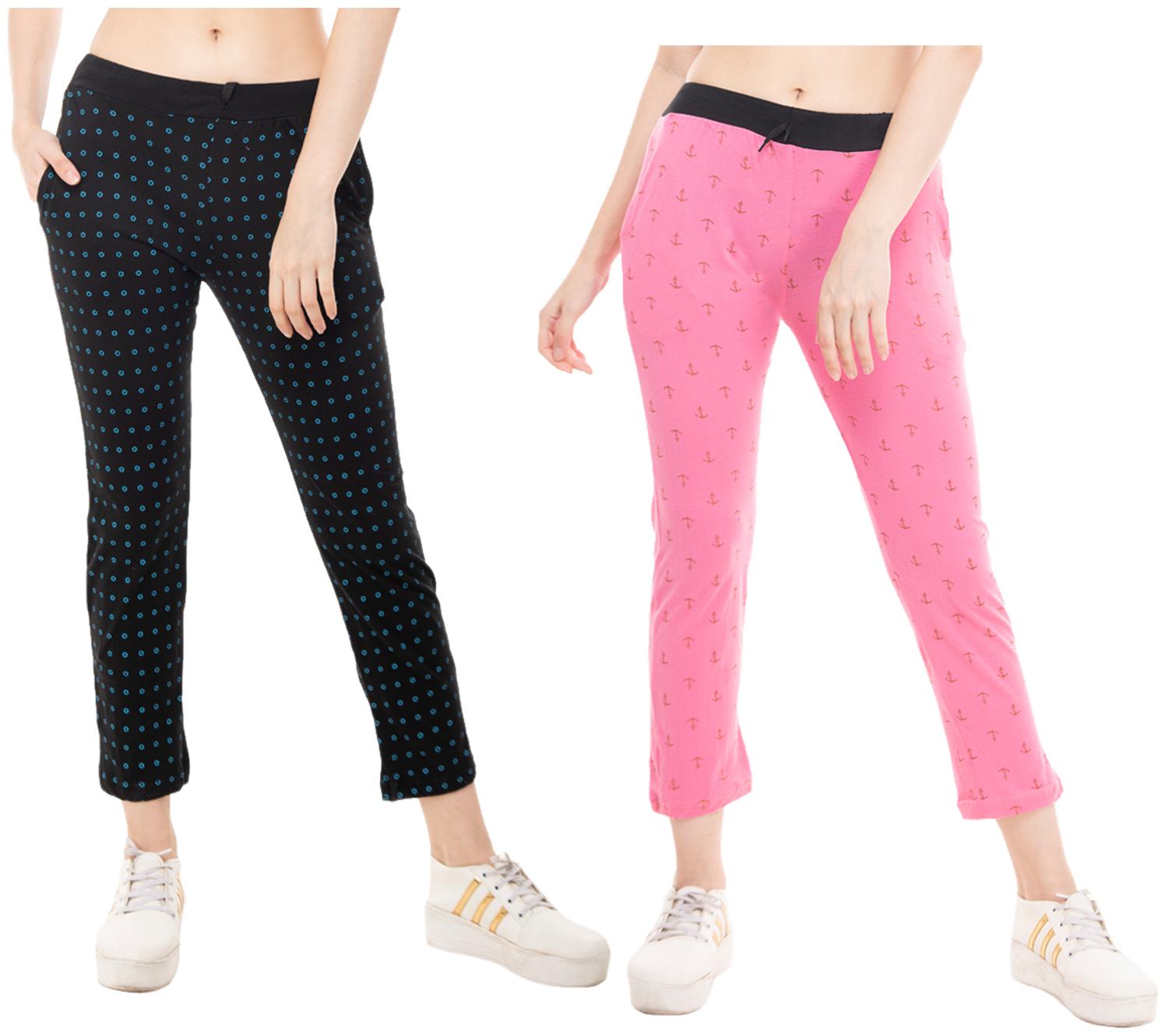 

Indiweaves Women Regular fit Cotton Printed Track pants - Black Pink