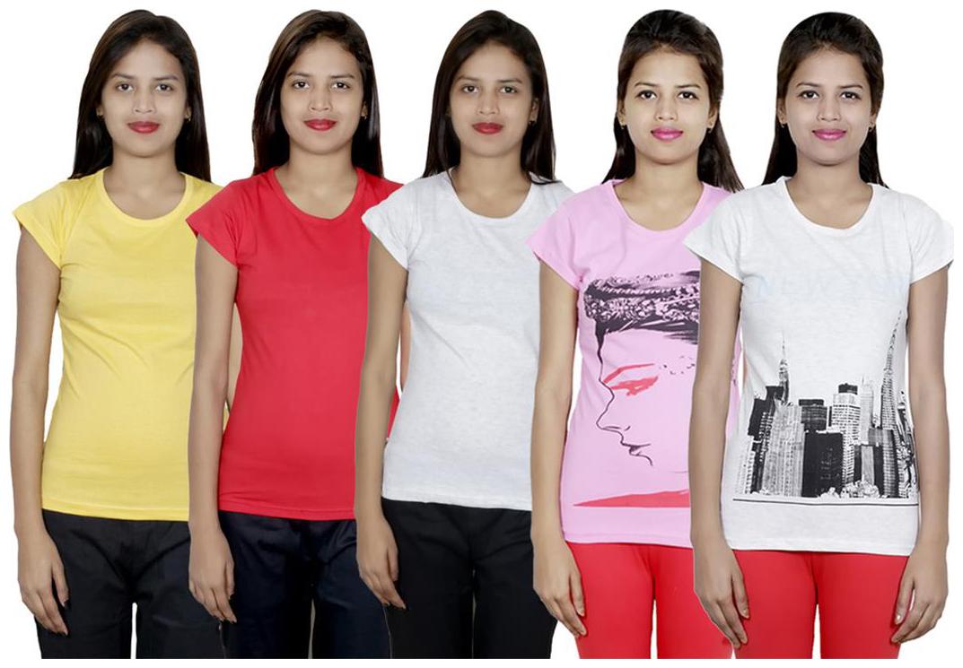 

IndiWeaves Women s Cotton Printed and Plain T-Shirt Combo(Pack of 5 T-Shirts)
