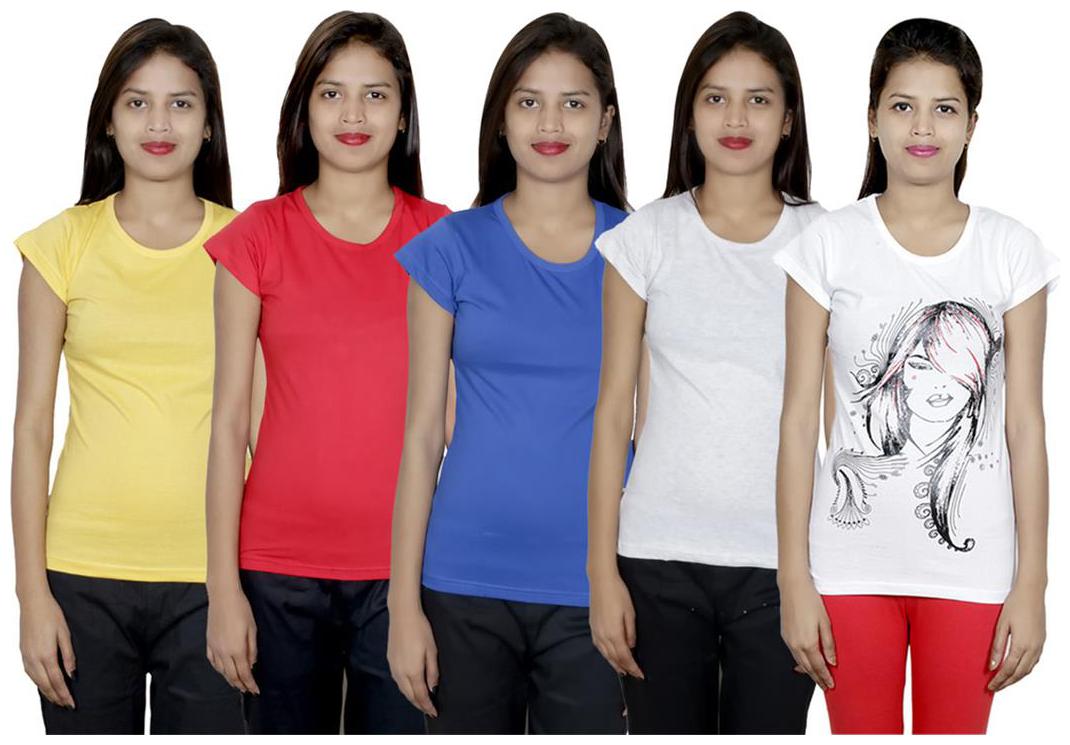 

IndiWeaves Women s Cotton Printed and Plain T-Shirt Combo(Pack of 5 T-Shirts)