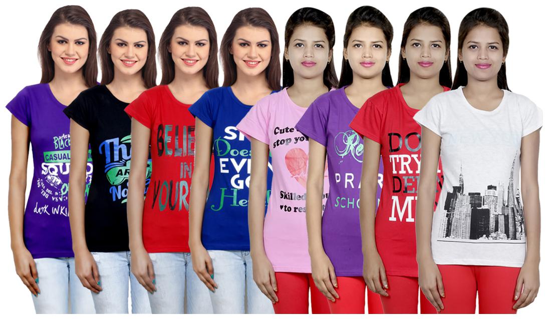 

IndiWeaves Women s Cotton Printed T-Shirts COMBO OFFER ( Pack of 8 T-Shirts)