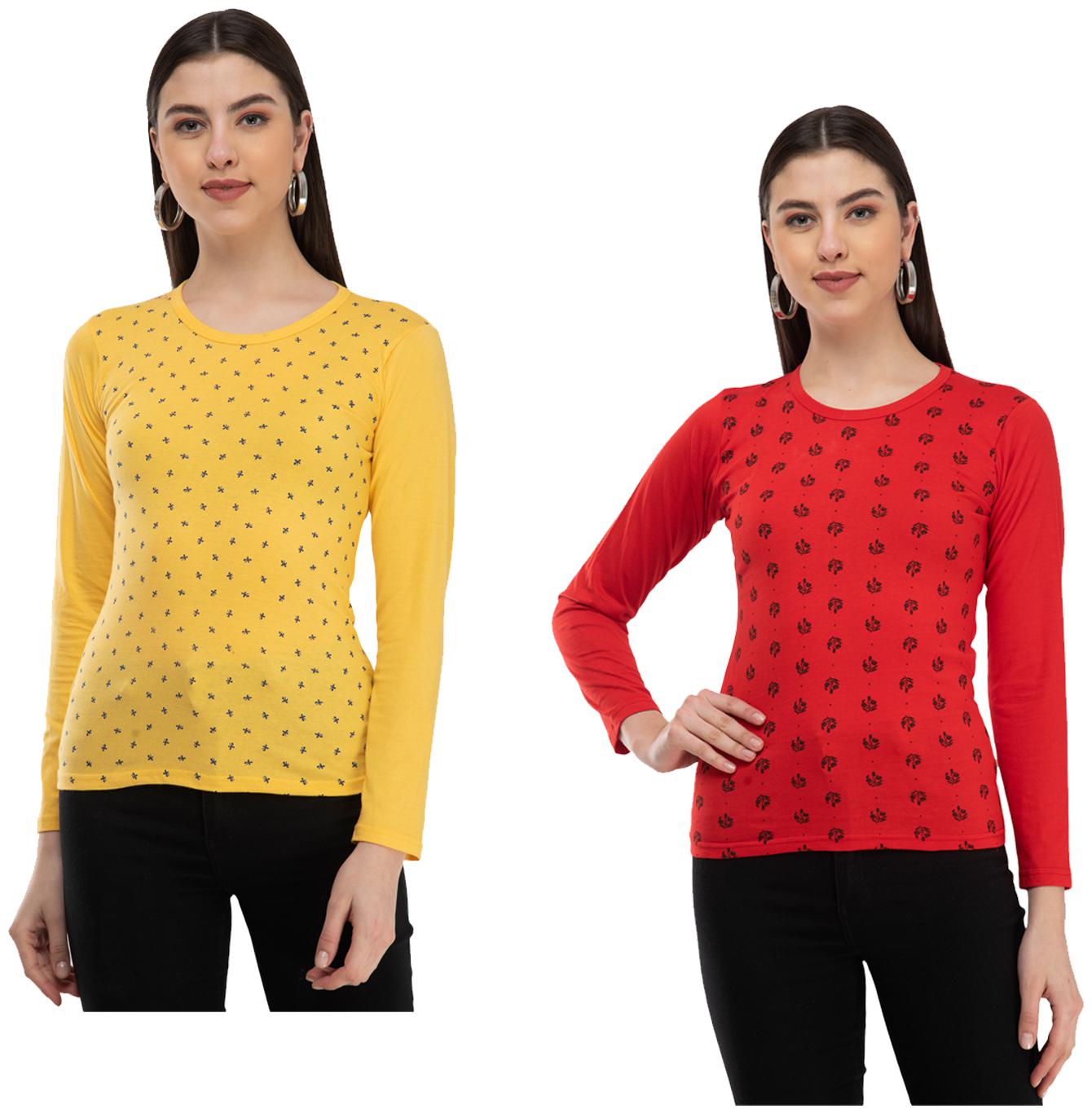 

Indiweaves Women Yellow Red Regular fit Round neck Cotton T shirt
