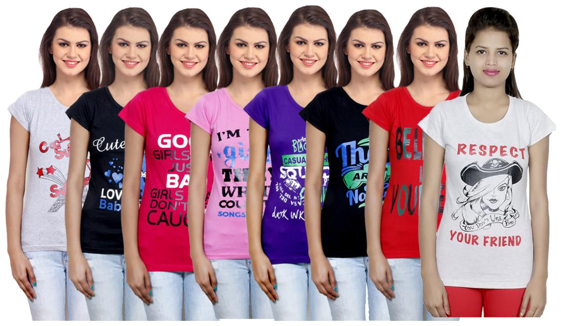 

IndiWeaves Women s Cotton Printed T-Shirts COMBO OFFER ( Pack of 8 T-Shirts)