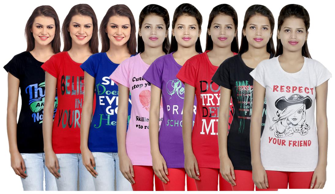 

IndiWeaves Women s Cotton Printed T-Shirts COMBO OFFER ( Pack of 8 T-Shirts)