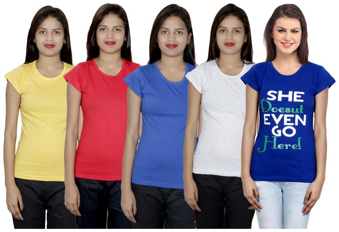 

IndiWeaves Women s Cotton Printed and Plain T-Shirt Combo(Pack of 5 T-Shirts)
