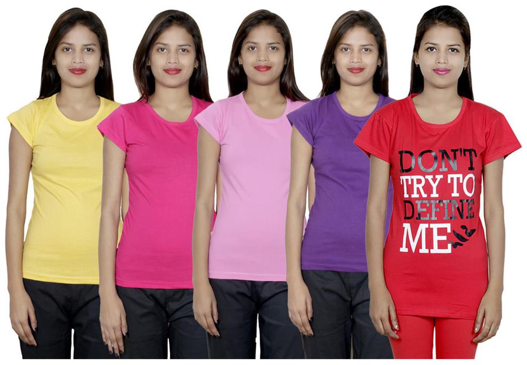 

IndiWeaves Women s Cotton Printed and Plain T-Shirt Combo(Pack of 5 T-Shirts)