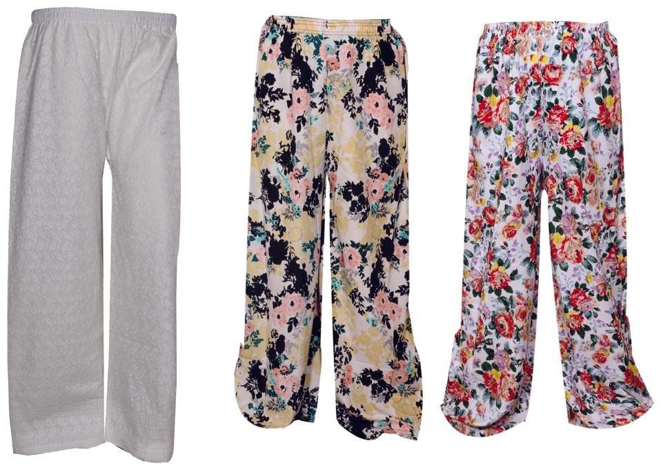 

IndiWeaves Womens 1 Full Chikan Work Pallazo and 2 Printed Palazzo Combo Pack (Pack of 3 Palazo)