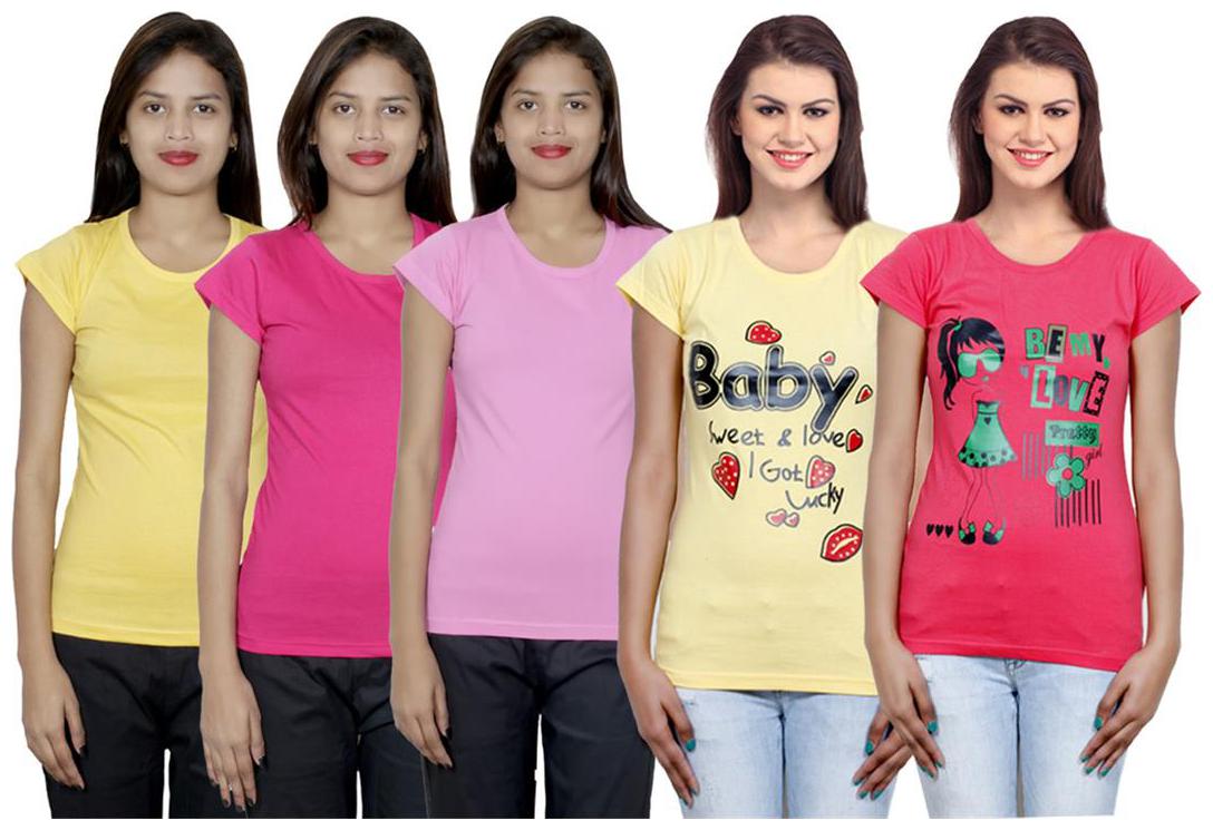 

IndiWeaves Women s Cotton Printed and Plain T-Shirt Combo(Pack of 5 T-Shirts)