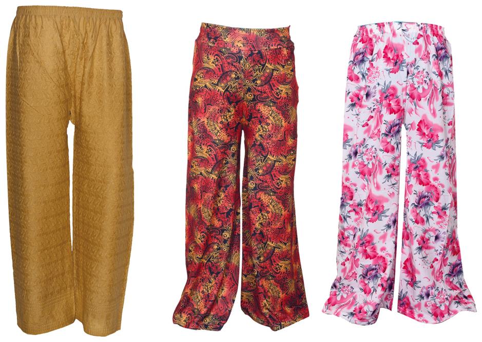 

IndiWeaves Womens 1 Full Chikan Work Pallazo and 2 Printed Palazzo Combo Pack (Pack of 3 Palazo)