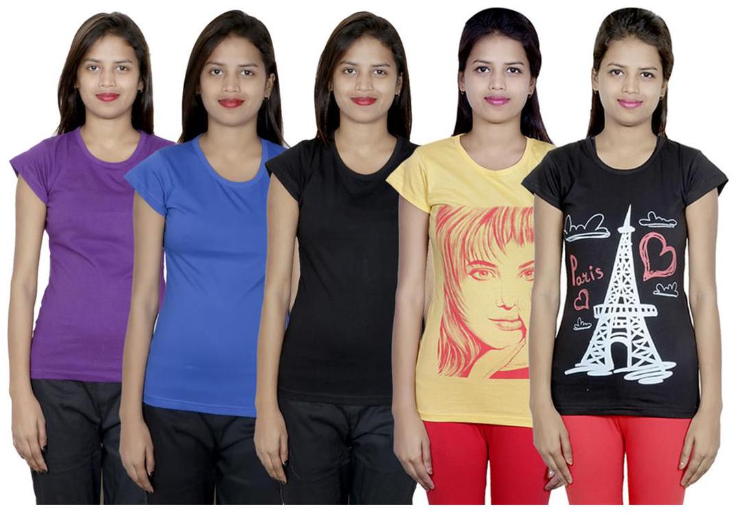 

IndiWeaves Women s Cotton Printed and Plain T-Shirt Combo(Pack of 5 T-Shirts)