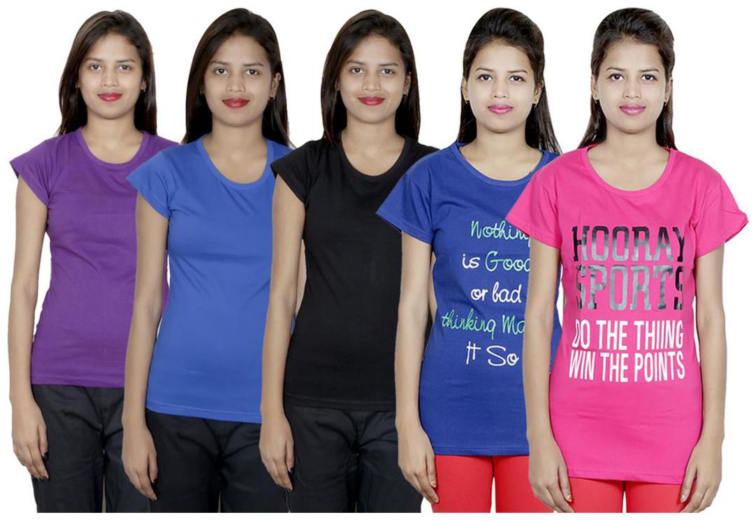 

IndiWeaves Women s Cotton Printed and Plain T-Shirt Combo(Pack of 5 T-Shirts)