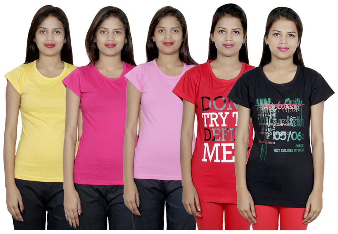 

IndiWeaves Women s Cotton Printed and Plain T-Shirt Combo(Pack of 5 T-Shirts)