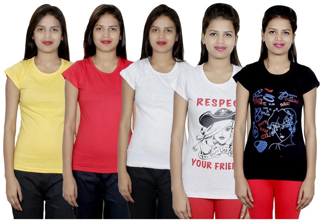

IndiWeaves Women s Cotton Printed and Plain T-Shirt Combo(Pack of 5 T-Shirts)