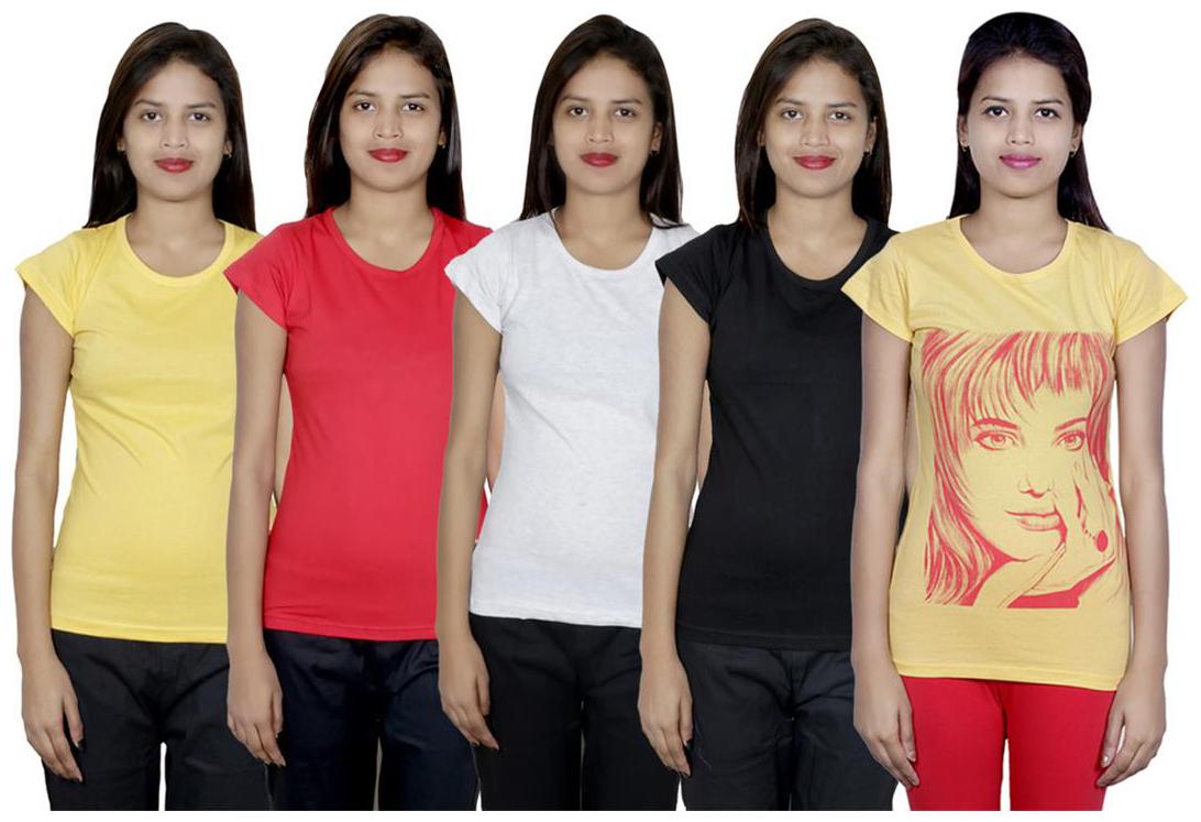 

IndiWeaves Women s Cotton Printed and Plain T-Shirt Combo(Pack of 5 T-Shirts)