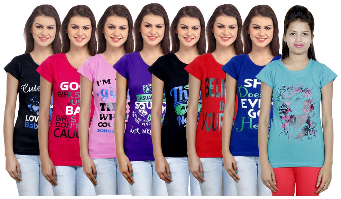 

IndiWeaves Women s Cotton Printed T-Shirts COMBO OFFER ( Pack of 8 T-Shirts)