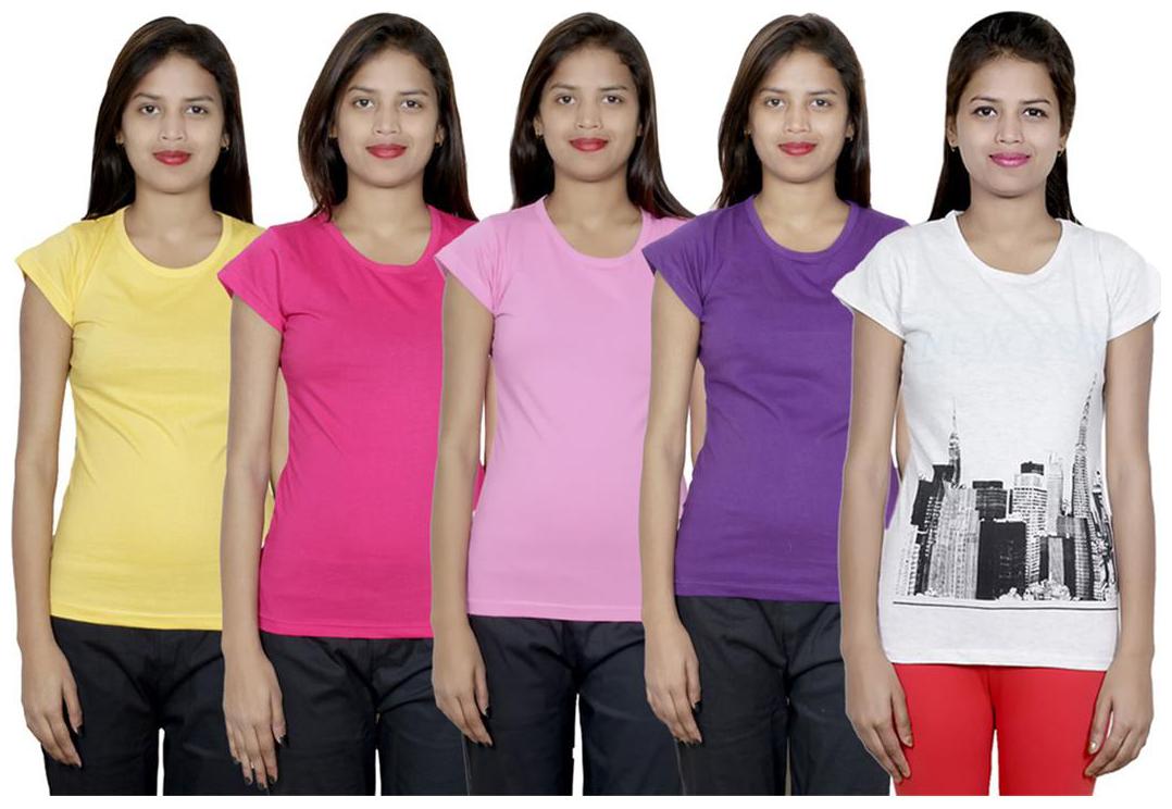 

IndiWeaves Women s Cotton Printed and Plain T-Shirt Combo(Pack of 5 T-Shirts)