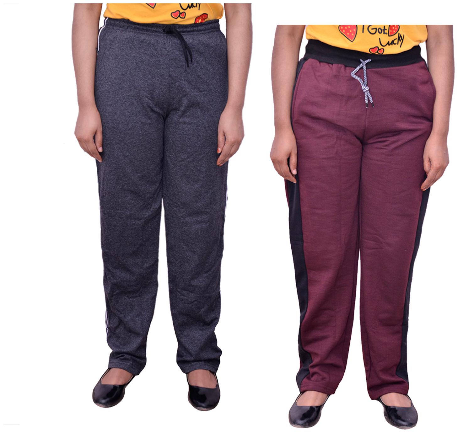 

Indiweaves Women Regular fit Cotton Solid Track pants - Grey Maroon